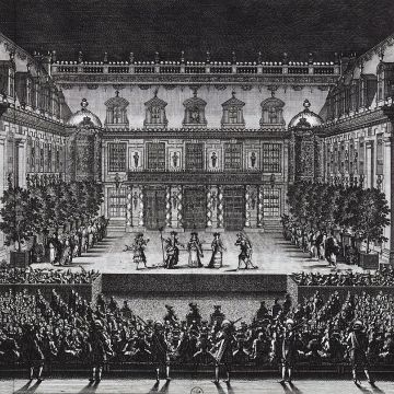 Représentation d'Alceste dans la cour de marbre du château de Versailles. Gravure de Jean Lepautre